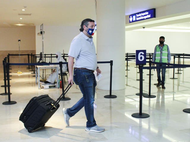 <p>File photo: US senator Ted Cruz carries his luggage at the Cancun International Airport before boarding his plane back to the US, in Cancun, Mexico in 18 February 2021</p>