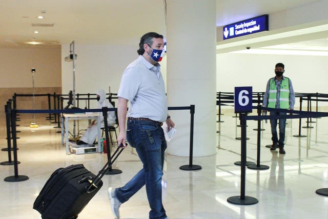 <p>File photo: US senator Ted Cruz carries his luggage at the Cancun International Airport before boarding his plane back to the US, in Cancun, Mexico in 18 February 2021</p>