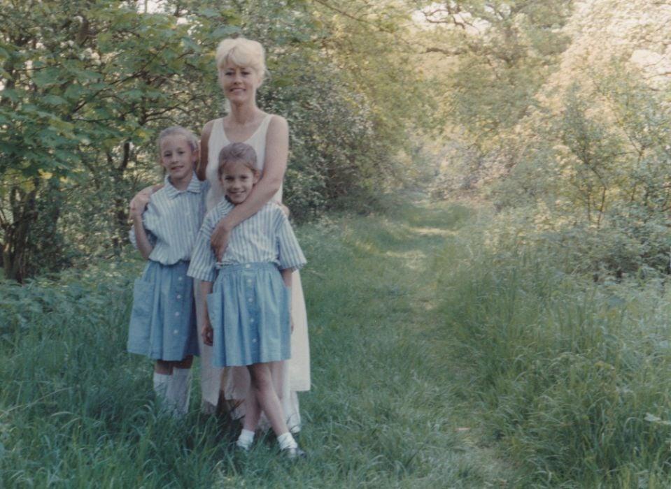 Twins Jody and Caroline Flack with their mother Christine in Norfolk, 1980s