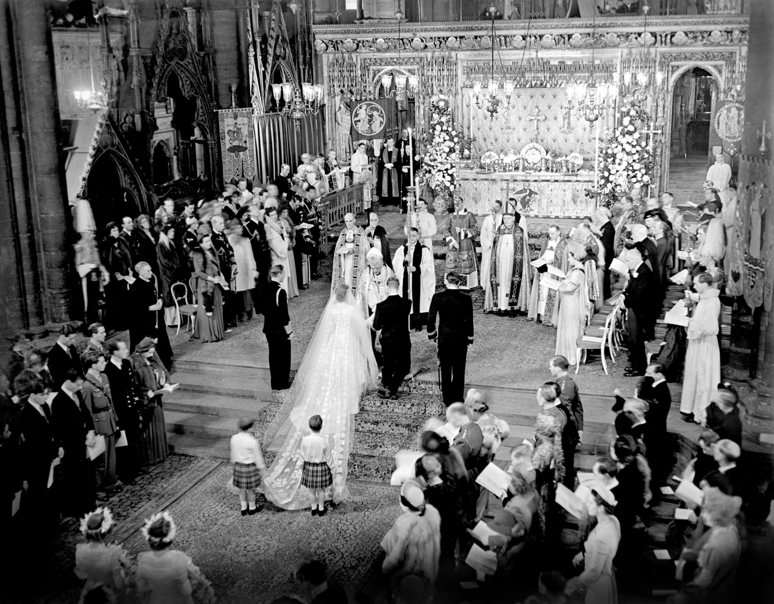 Princess Elizabeth and the Duke of Edinburgh in Westminster Abbey on their wedding day, 1947