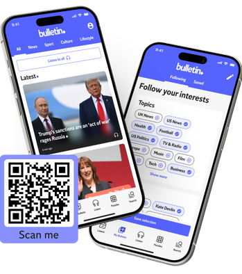 two mobile phones showing the Bulletin app interface and a QR-code to scan