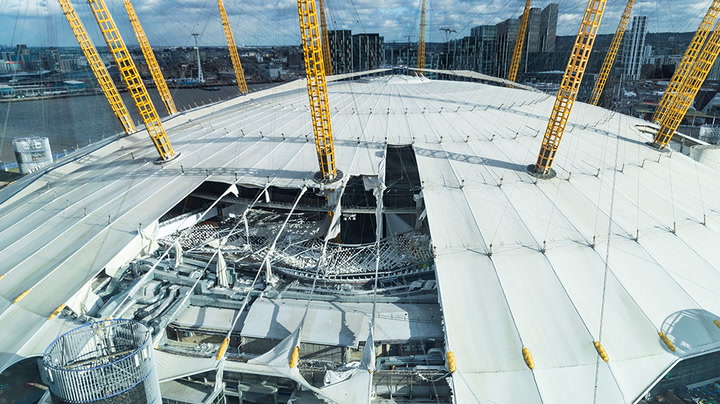 Inside of London's O2 Arena left exposed after Storm Eunice rips off roof