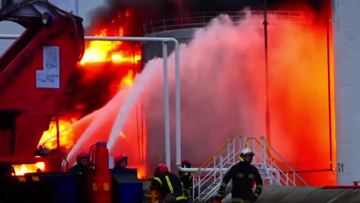 Firefighters battle enormous blaze at Lviv oil facility after Russian rocket strike