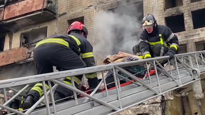 Elderly woman rescued from Kyiv block hit by shelling