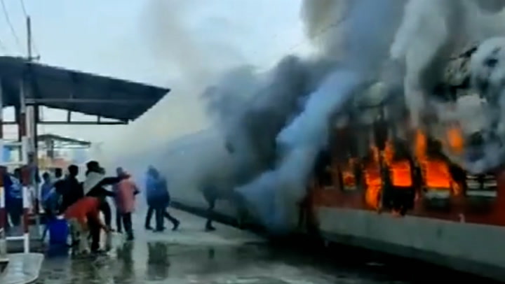 Passenger train engulfed by huge fire in India